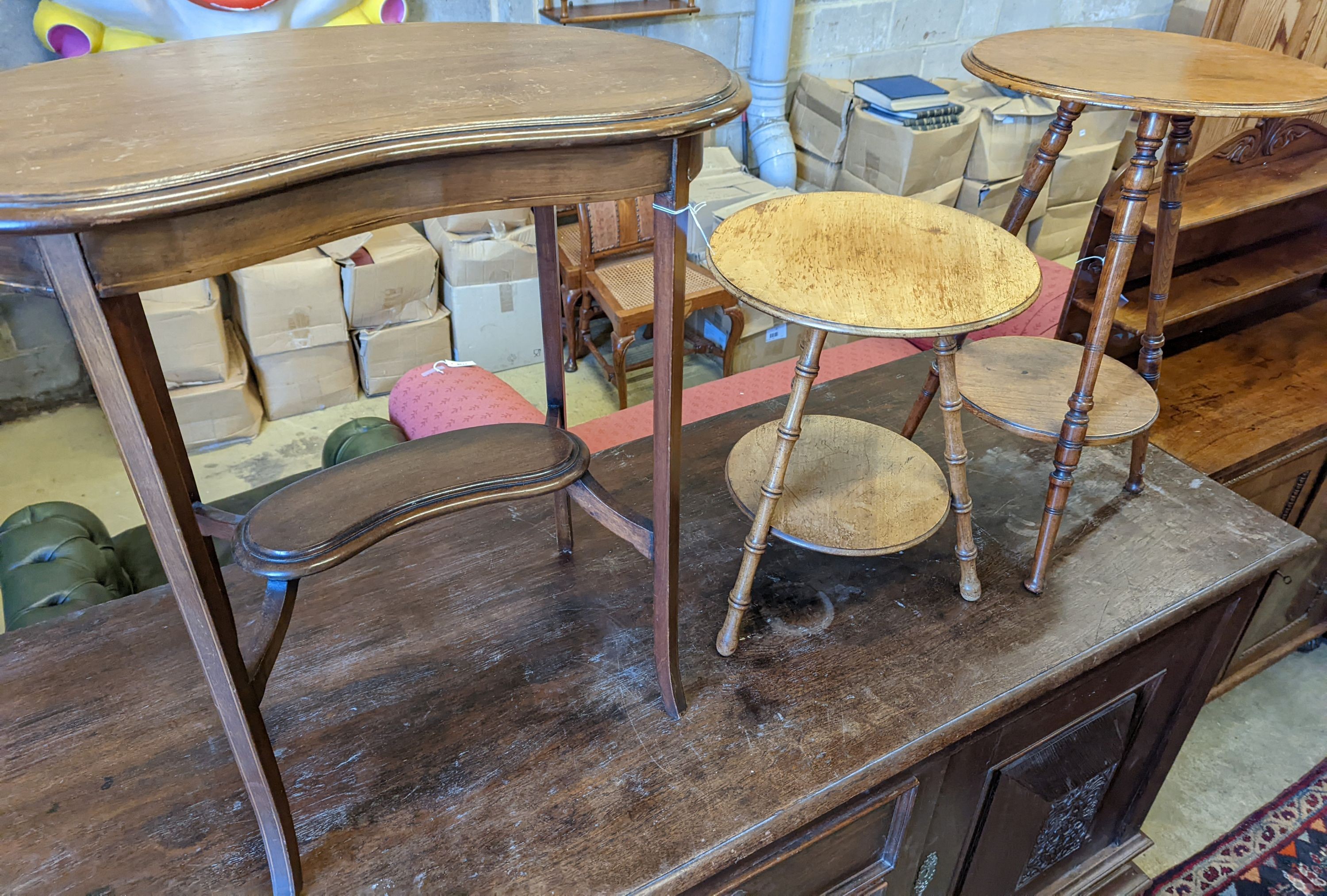 Two Victorian mahogany circular two tier tables, larger 67cm high together with an Edwardian kidney shaped occasional table